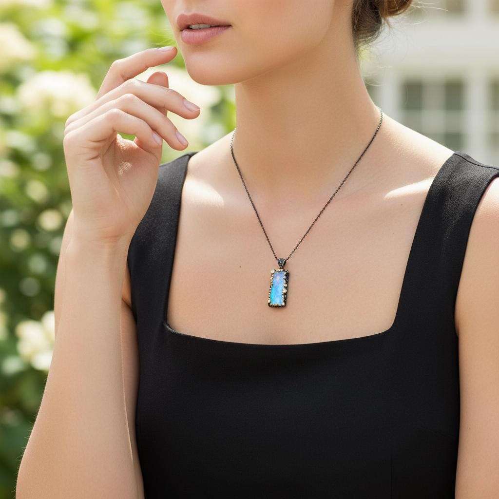 925 Sterling Silver Moonstone Necklace, close-up detail