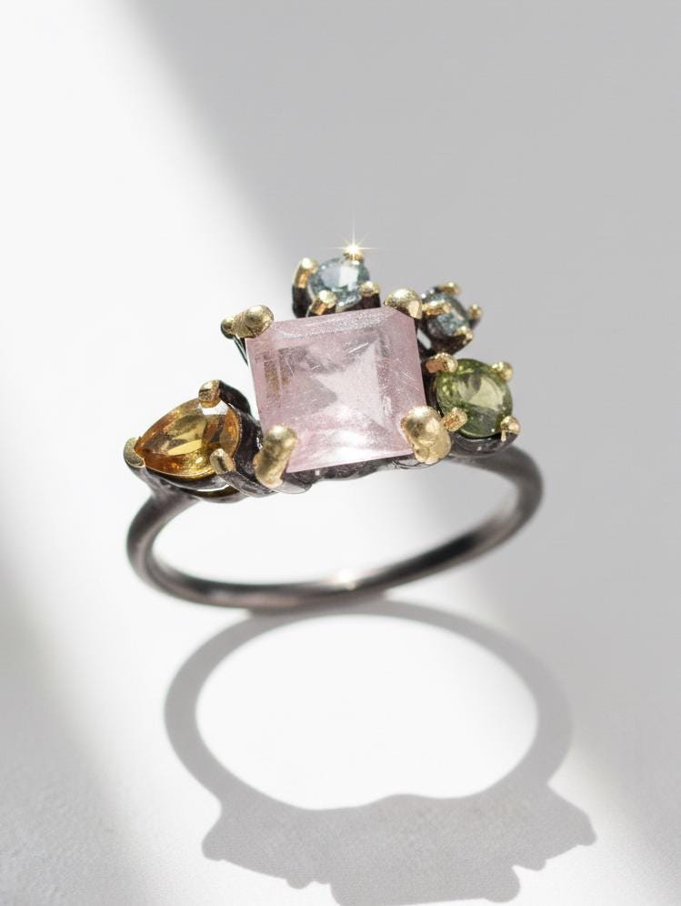 925 Sterling Silver Morganite Cluster Ring, texture close-up
