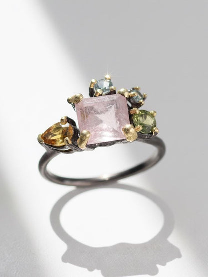 925 Sterling Silver Morganite Cluster Ring, texture close-up