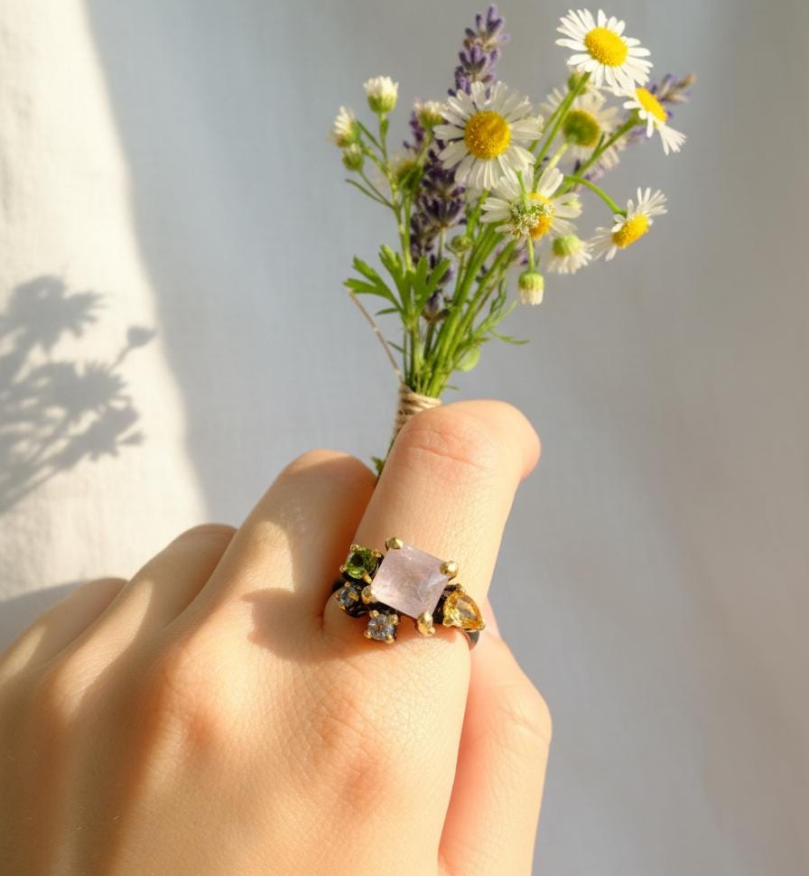 925 Sterling Silver Morganite Cluster Ring, close-up detail