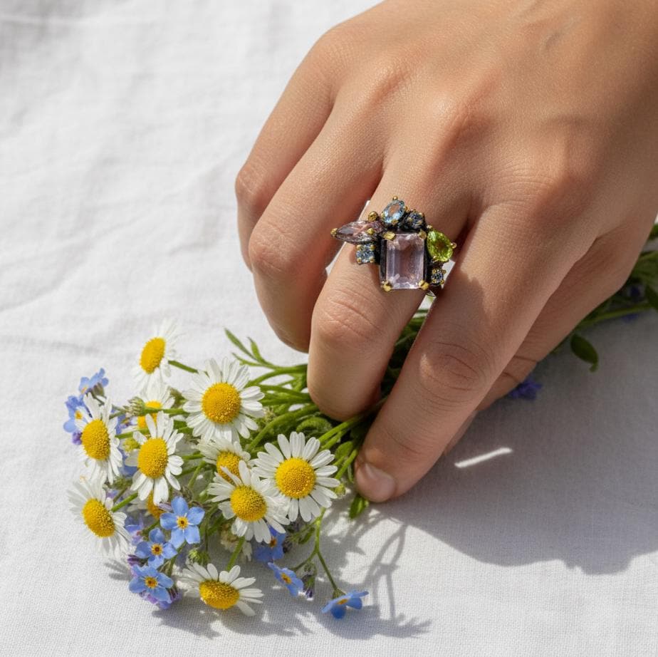 925 Sterling Silver Morganite Ring, close-up detail