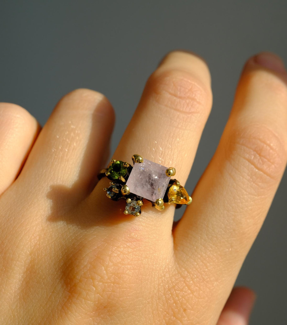 925 Sterling Silver Morganite Cluster Ring, worn on hand