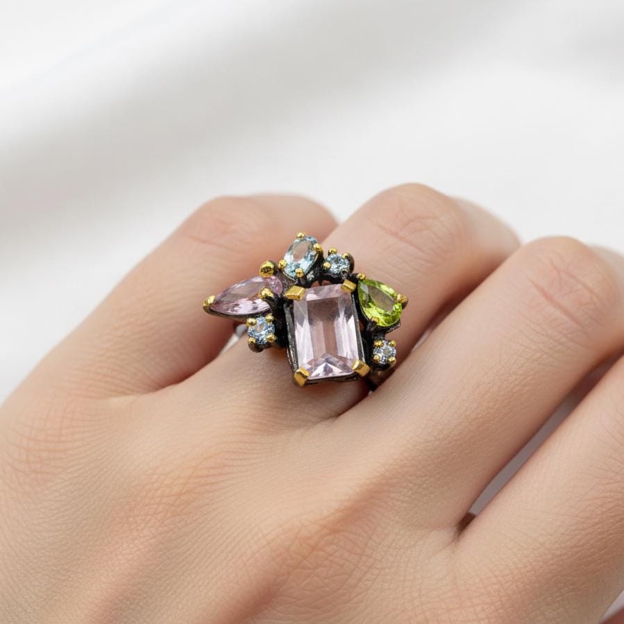 925 Sterling Silver Morganite Ring, worn on hand
