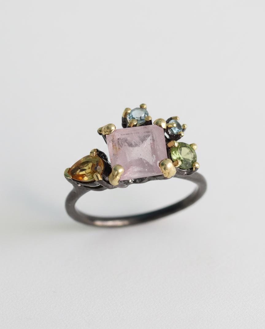 925 Sterling Silver Morganite Cluster Ring, band detail