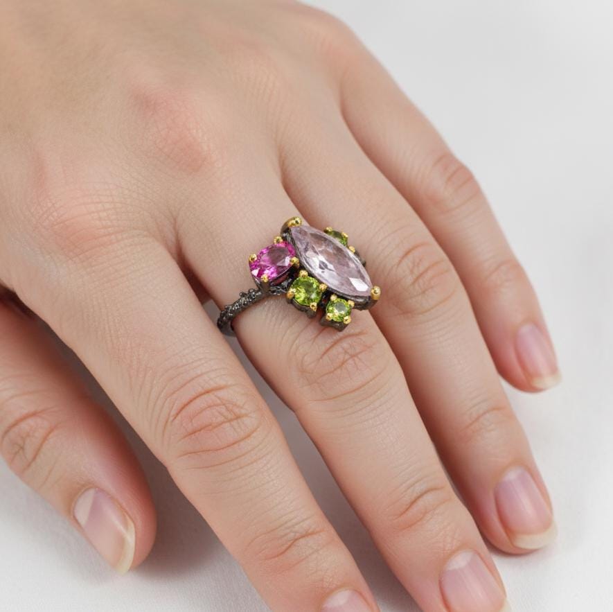 925 Sterling Silver Morganite Ring, worn on hand