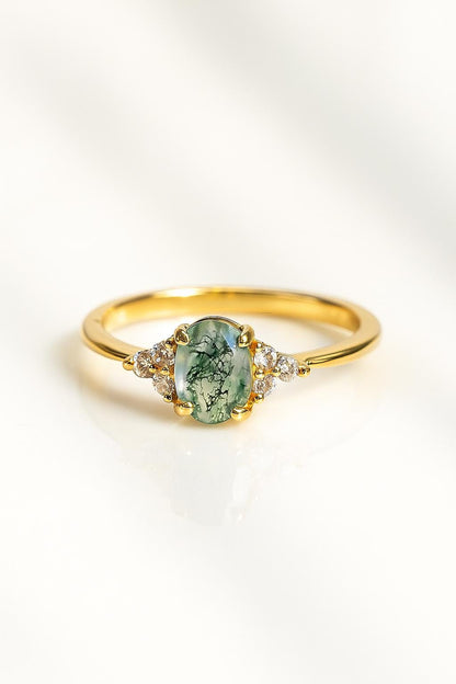 925 Sterling Silver Moss Agate Ring, worn on hand