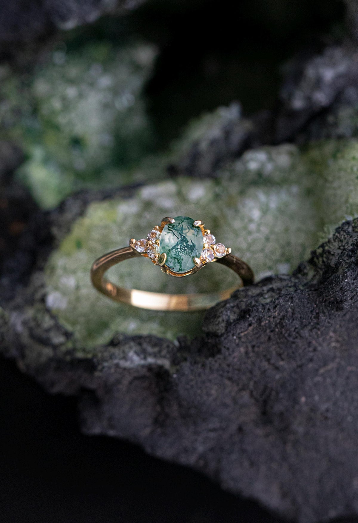 925 Sterling Silver Moss Agate Ring, worn look