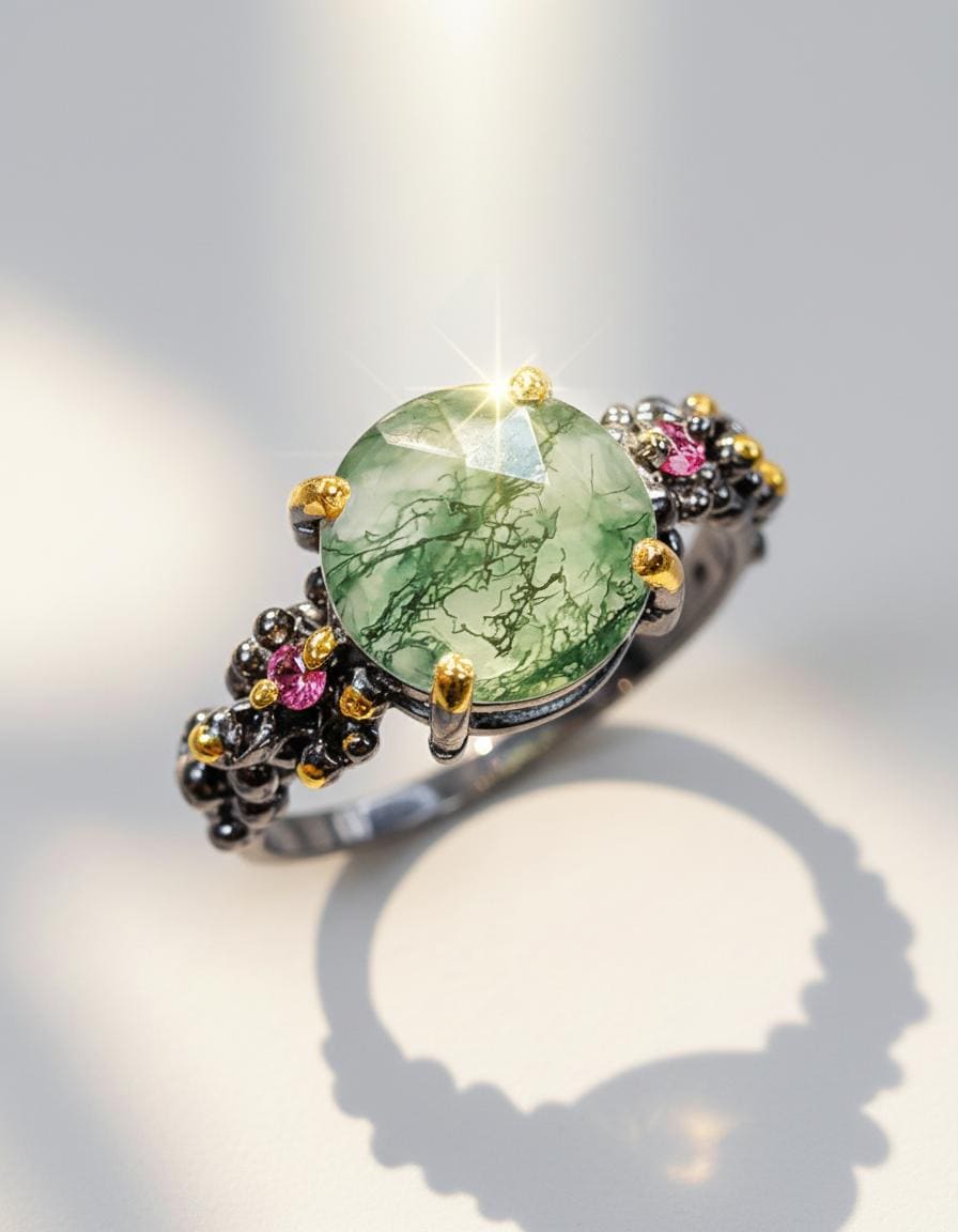 925 Sterling Silver Moss Agate Ring, worn on hand
