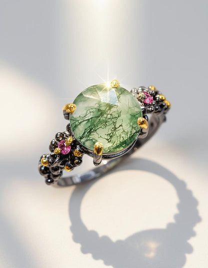 925 Sterling Silver Moss Agate Ring, worn on hand