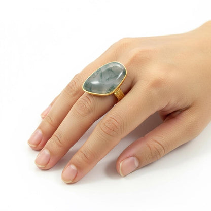 925 Sterling Silver Moss Agate Ring, worn on hand