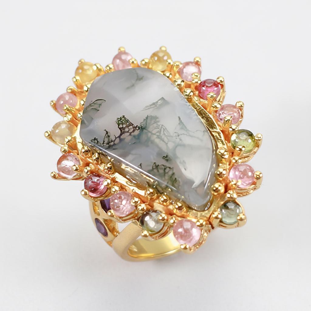 925 Sterling Silver Moss Agate Ring, worn on hand