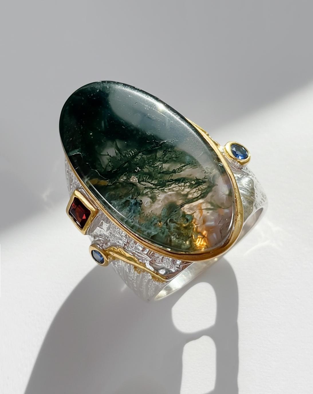925 Sterling Silver Moss Agate Ring, worn on hand