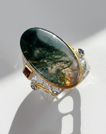 925 Sterling Silver Moss Agate Ring, worn on hand