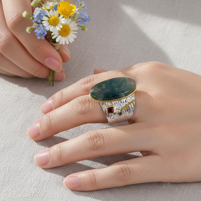 925 Sterling Silver Moss Agate Ring, worn look