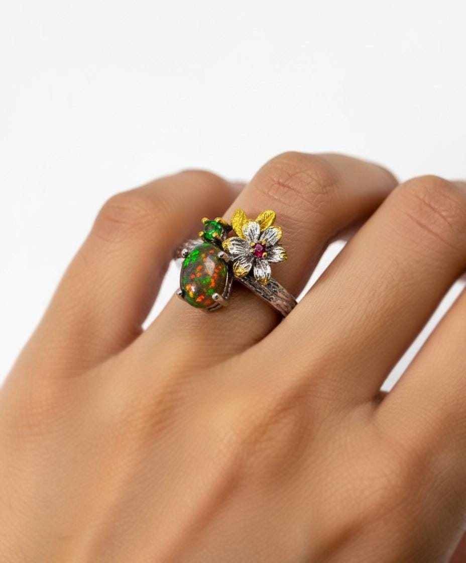925 Sterling Silver Opal Ring, worn on hand