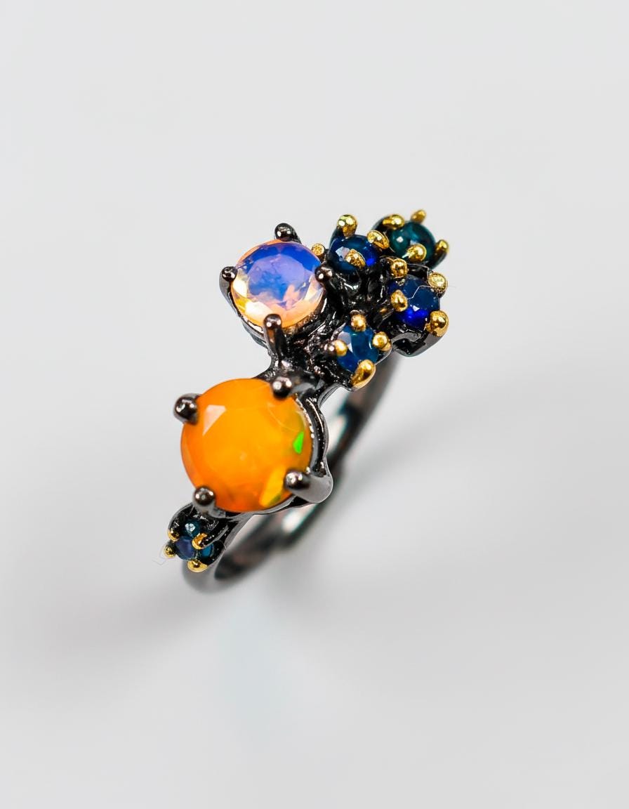 925 Sterling Silver Opal Moonstone Sapphire Ring, side view