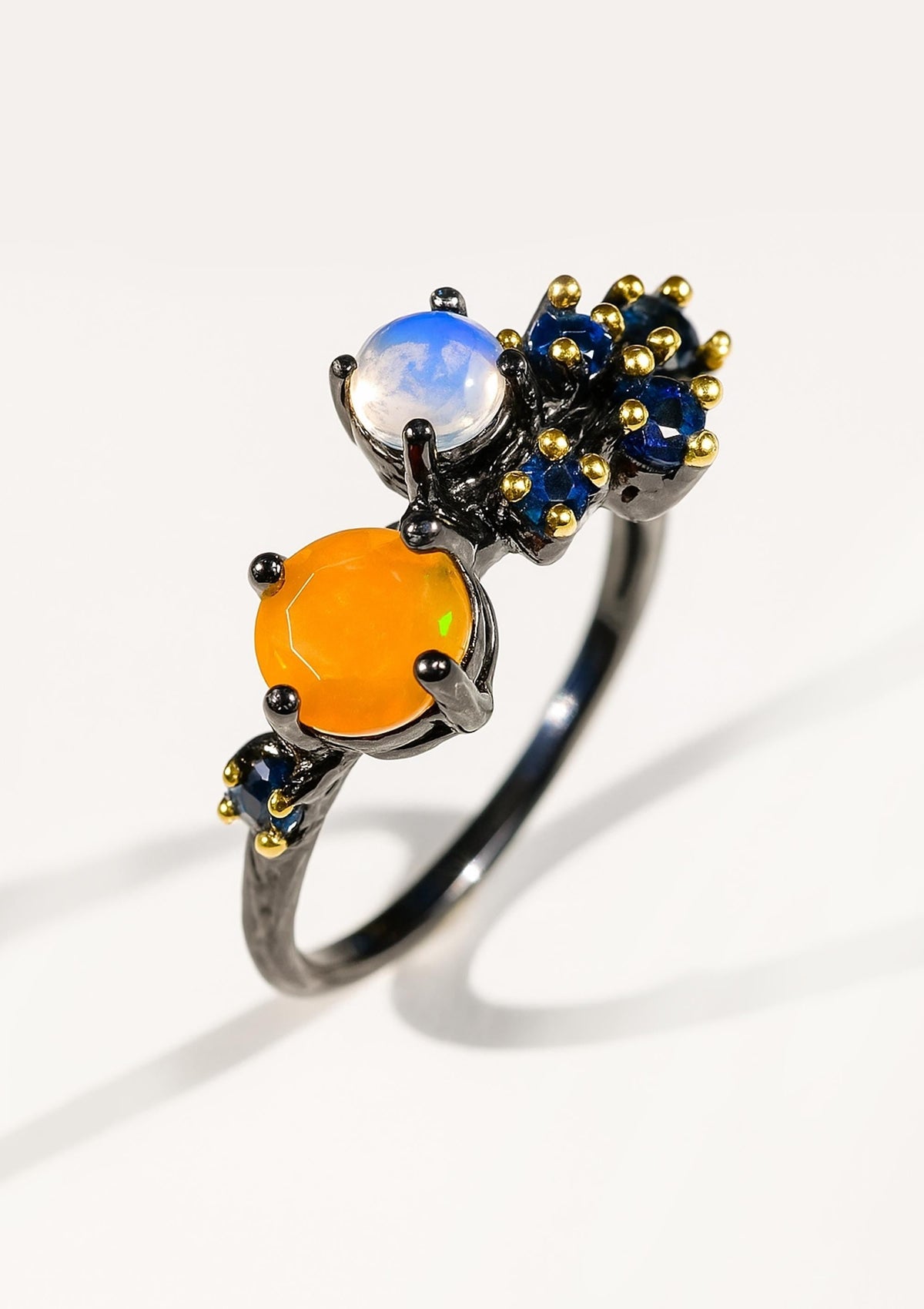 925 Sterling Silver Opal Moonstone Sapphire Ring, worn on hand