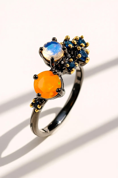 925 Sterling Silver Opal Moonstone Sapphire Ring, setting detail