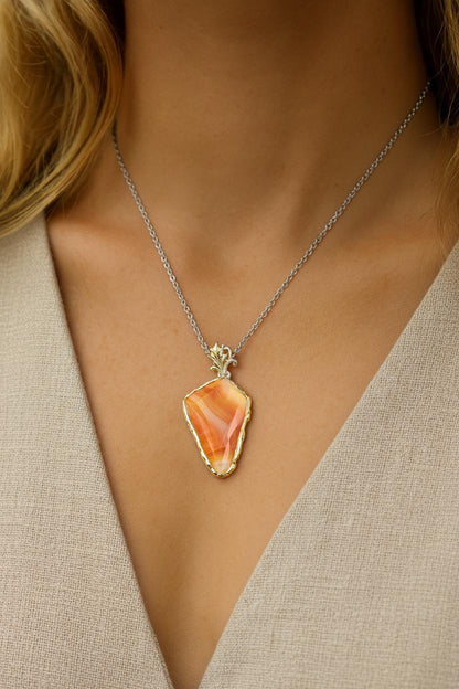 925 Sterling Silver Orange Agate Necklace, close-up detail