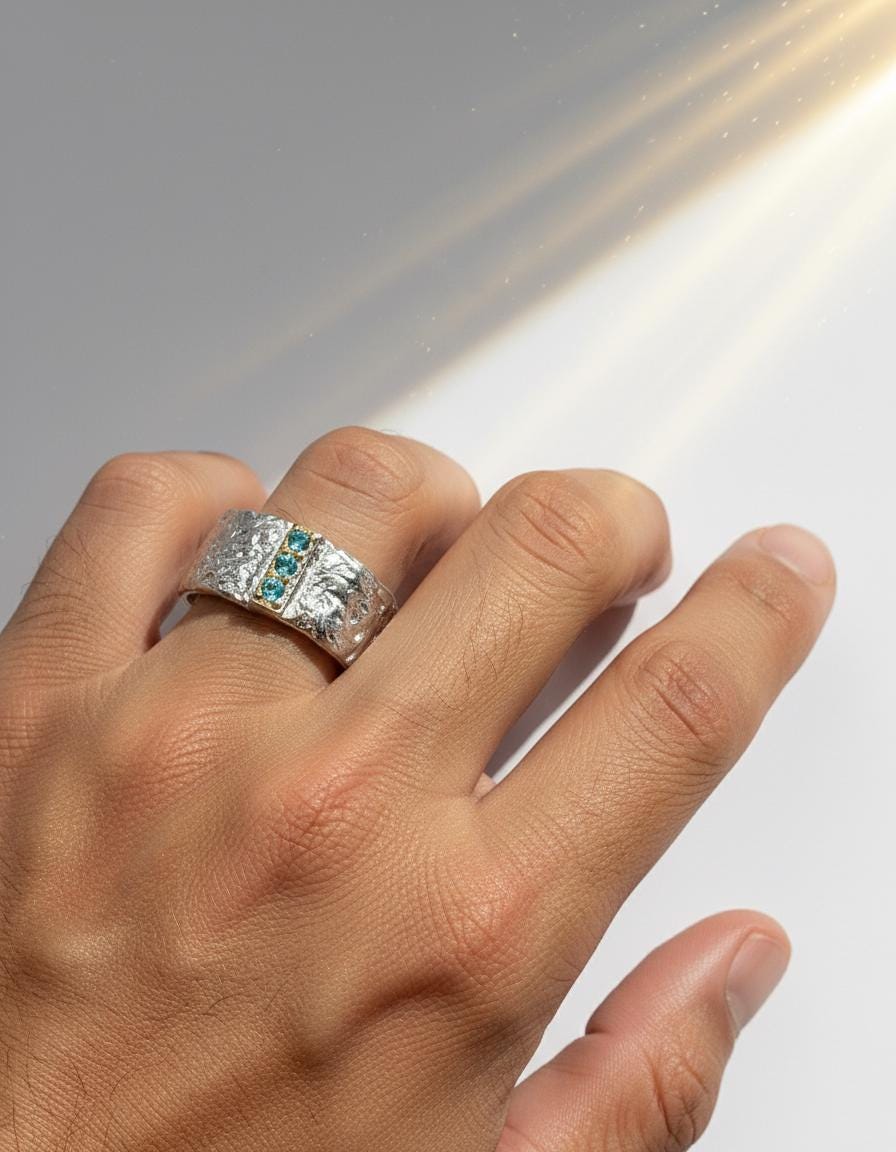 925 Sterling Silver Hammered Band, setting detail