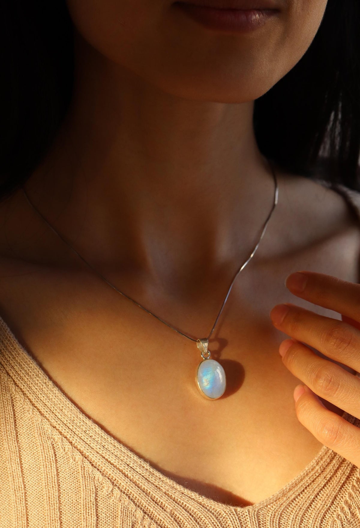 925 Sterling Silver Oval Moonstone Necklace, alternate angle