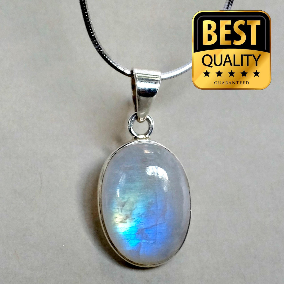925 Sterling Silver Oval Moonstone Necklace, close-up detail