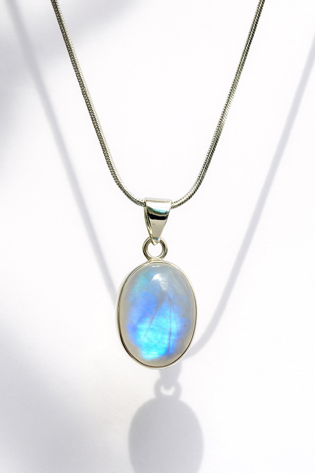 925 Sterling Silver Oval Moonstone Necklace, worn view