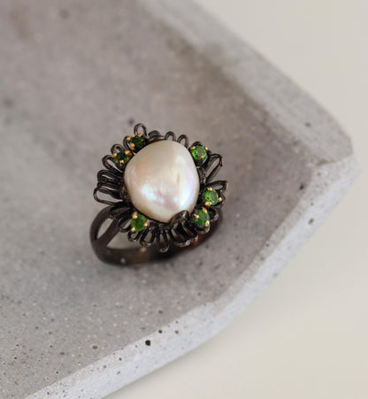 925 Sterling Silver Pearl Flower Ring, worn look, image 17