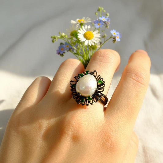 925 Sterling Silver Pearl Flower Ring, alternate angle