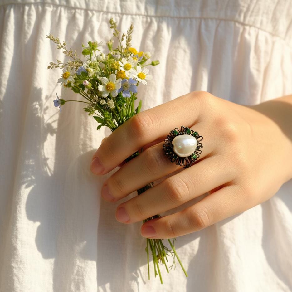 925 Sterling Silver Pearl Flower Ring, close-up detail
