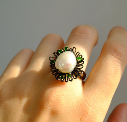925 Sterling Silver Pearl Flower Ring, side view