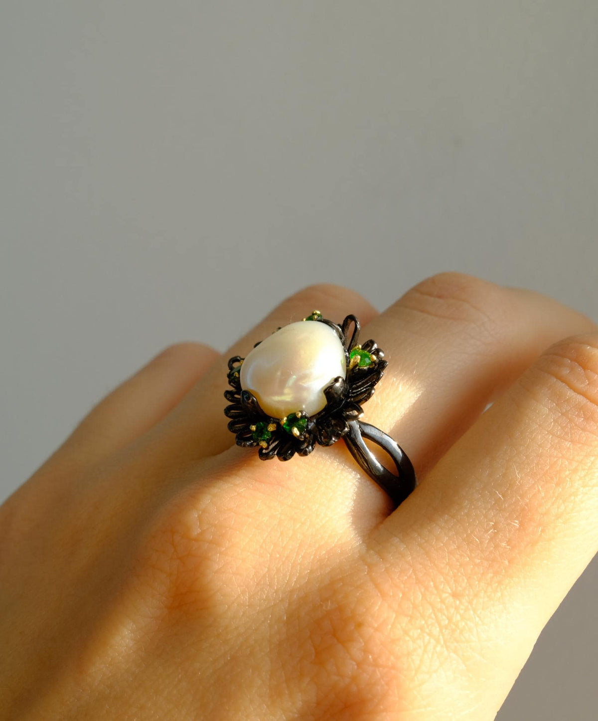 925 Sterling Silver Pearl Flower Ring, worn on hand