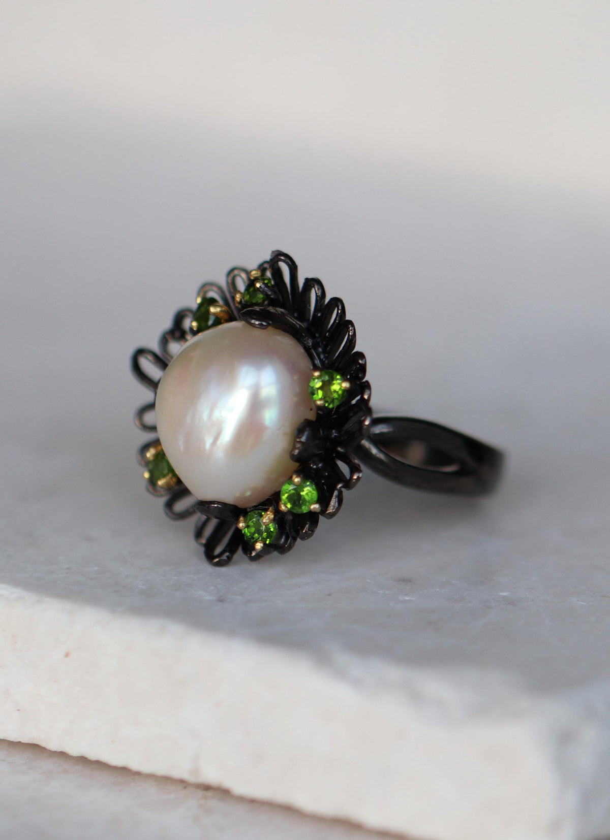 925 Sterling Silver Pearl Flower Ring, worn look