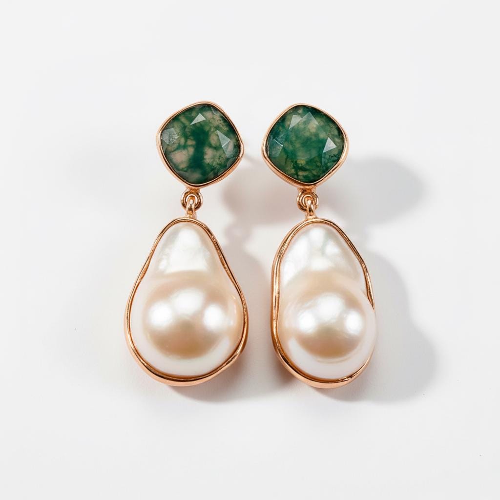 925 Sterling Silver Pearl Moss Agate Earrings, close-up detail, image 12