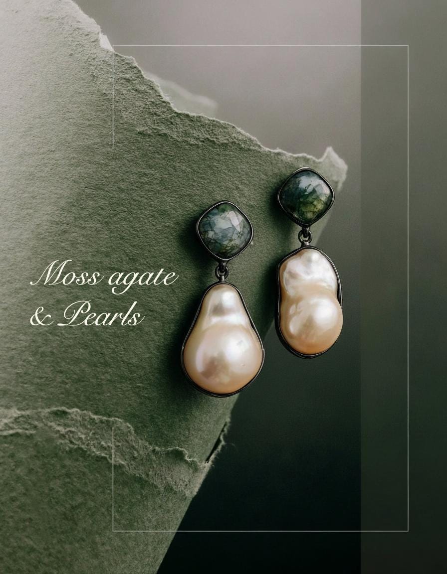 925 Sterling Silver Pearl Moss Agate Earrings, close-up detail