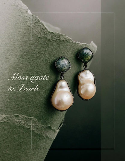 925 Sterling Silver Pearl Moss Agate Earrings, close-up detail