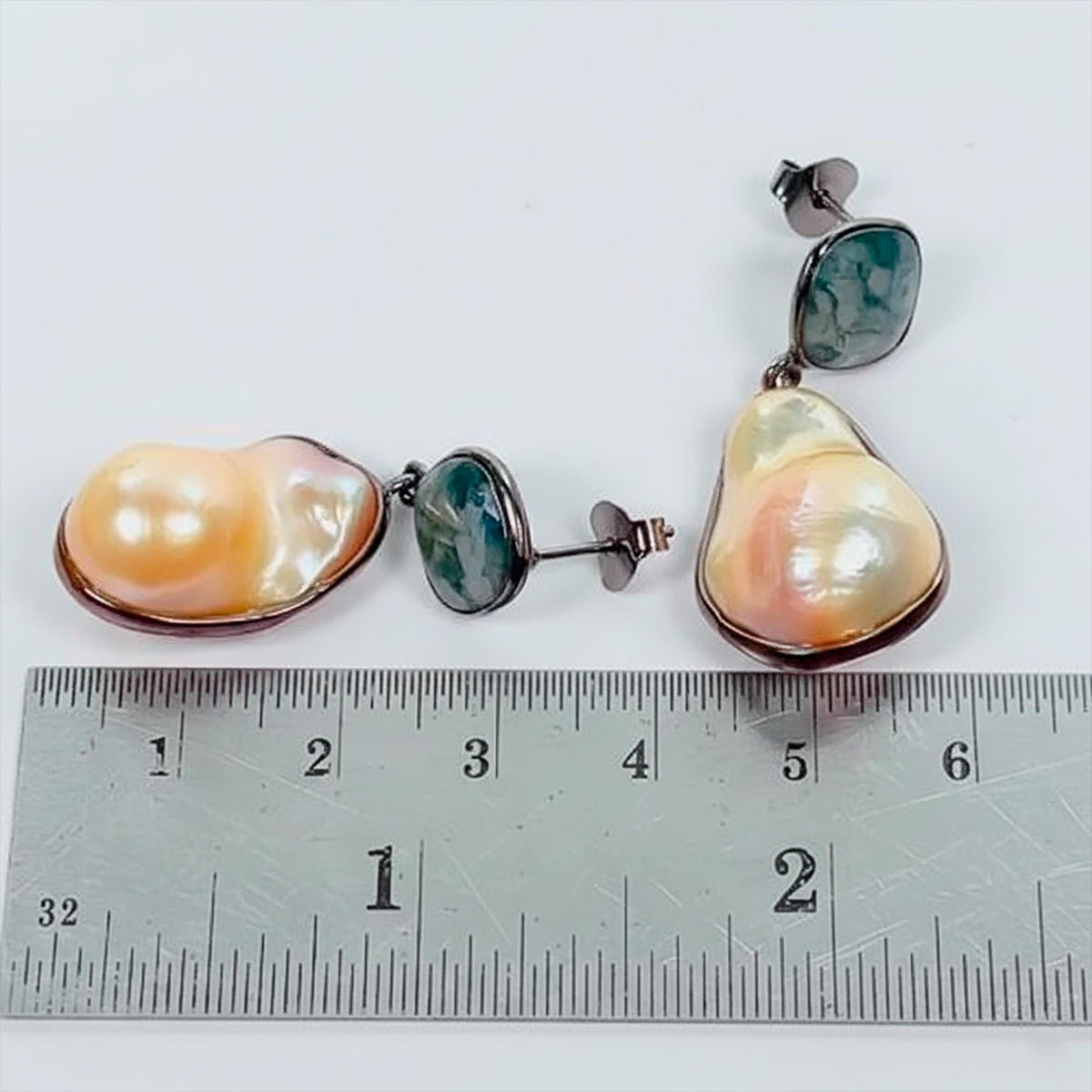 925 Sterling Silver Pearl Moss Agate Earrings, additional angle