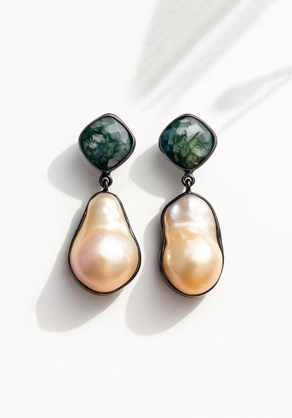 925 Sterling Silver Pearl Moss Agate Earrings, main product image