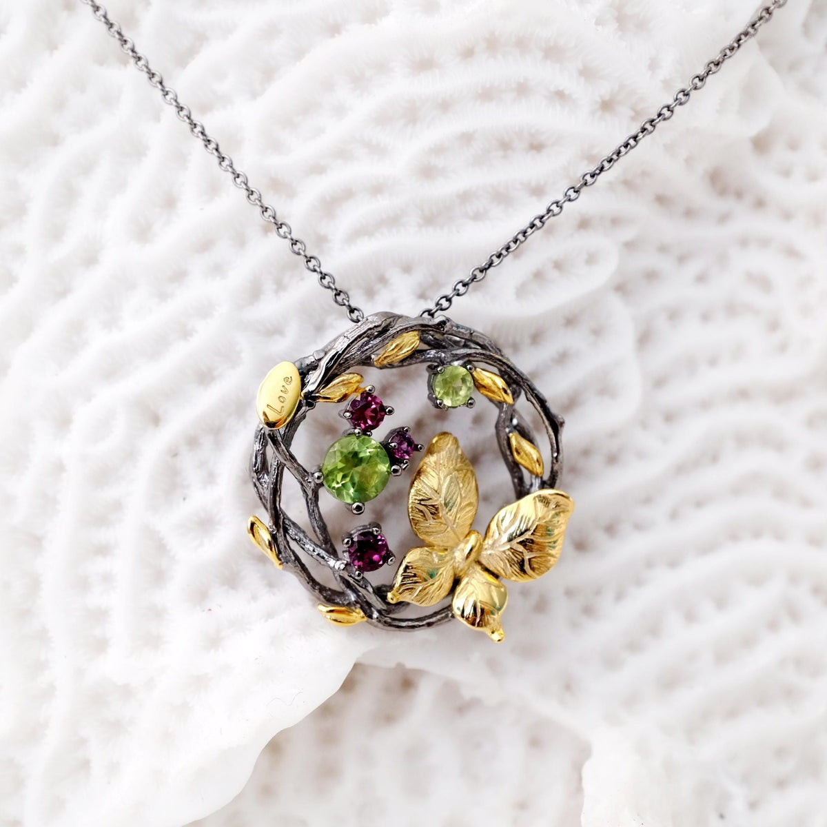925 Sterling Silver Peridot Amethyst Necklace, worn view