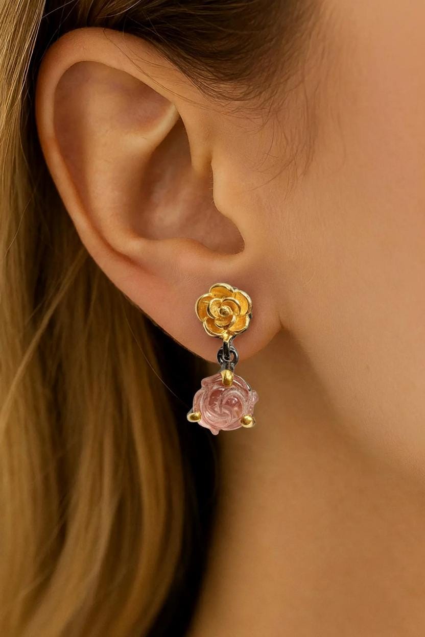 925 Sterling Silver Pink Green Tourmaline Earrings, alternate angle