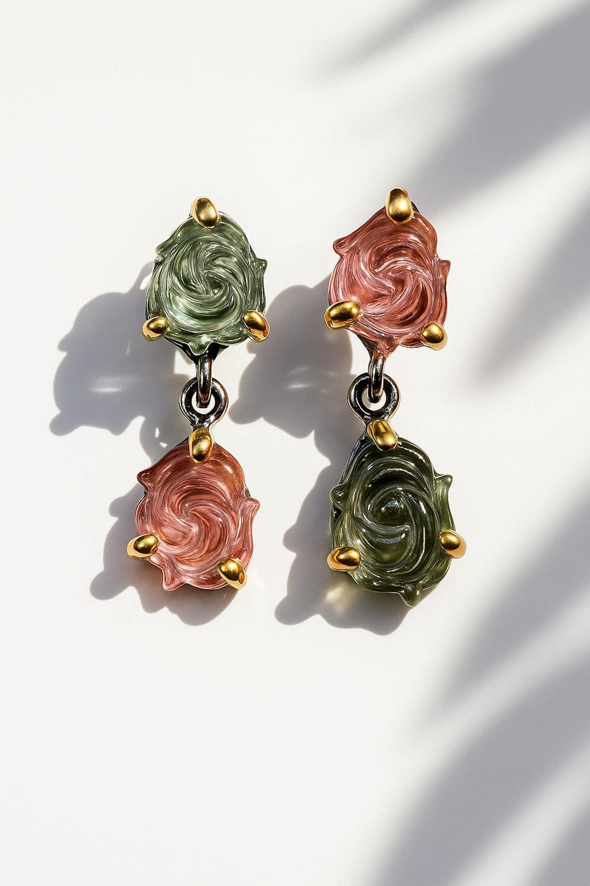 925 Sterling Silver Pink Green Tourmaline Earrings, close-up detail