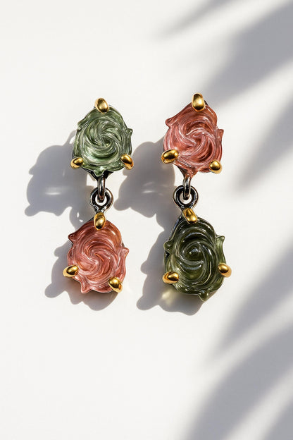925 Sterling Silver Pink Green Tourmaline Earrings, close-up detail