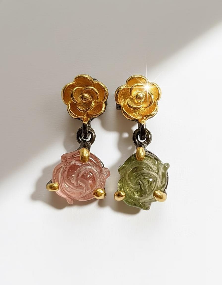 925 Sterling Silver Pink Green Tourmaline Earrings, close-up detail
