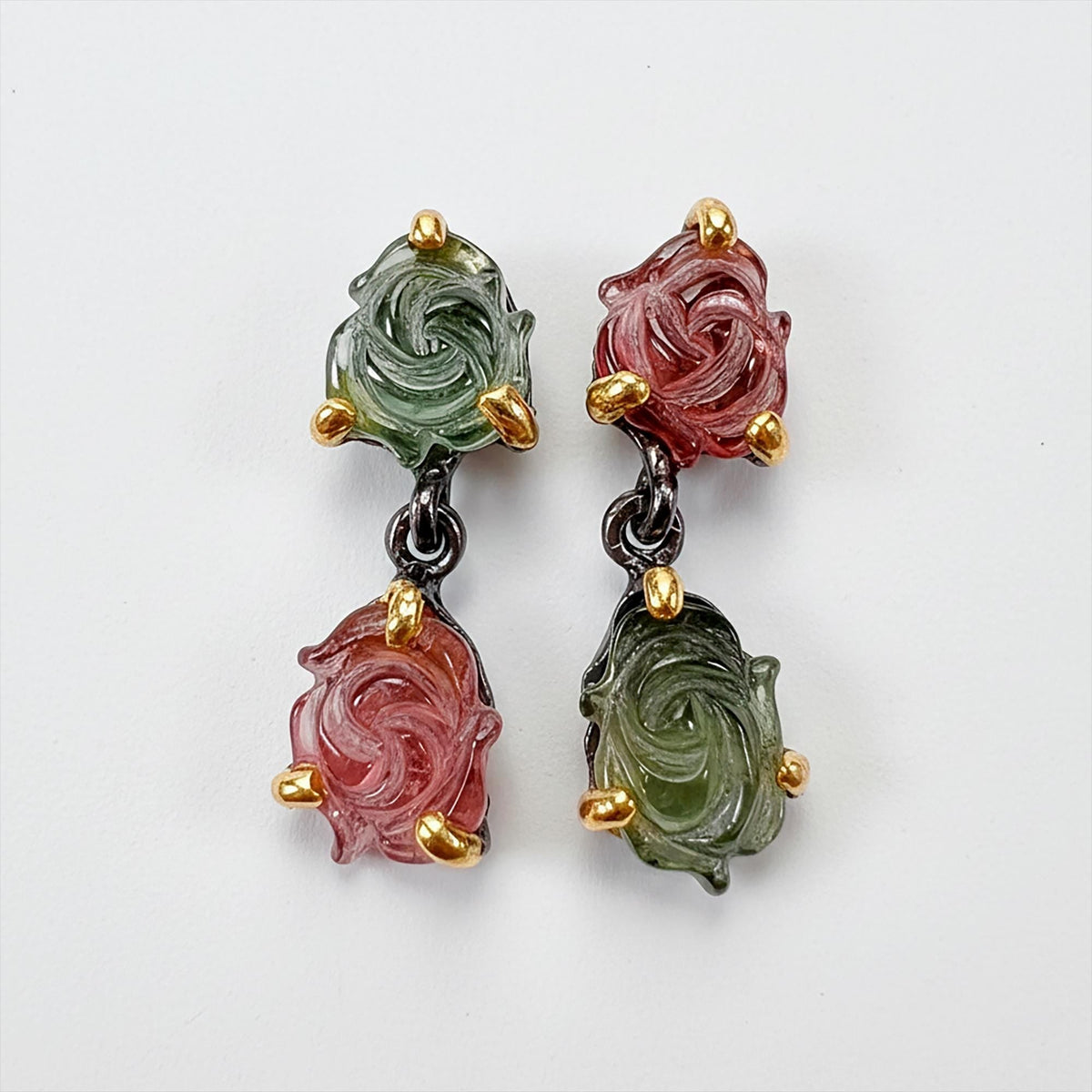 925 Sterling Silver Pink Green Tourmaline Earrings, worn view