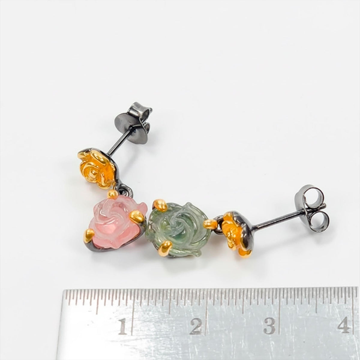 925 Sterling Silver Pink Green Tourmaline Earrings, side angle