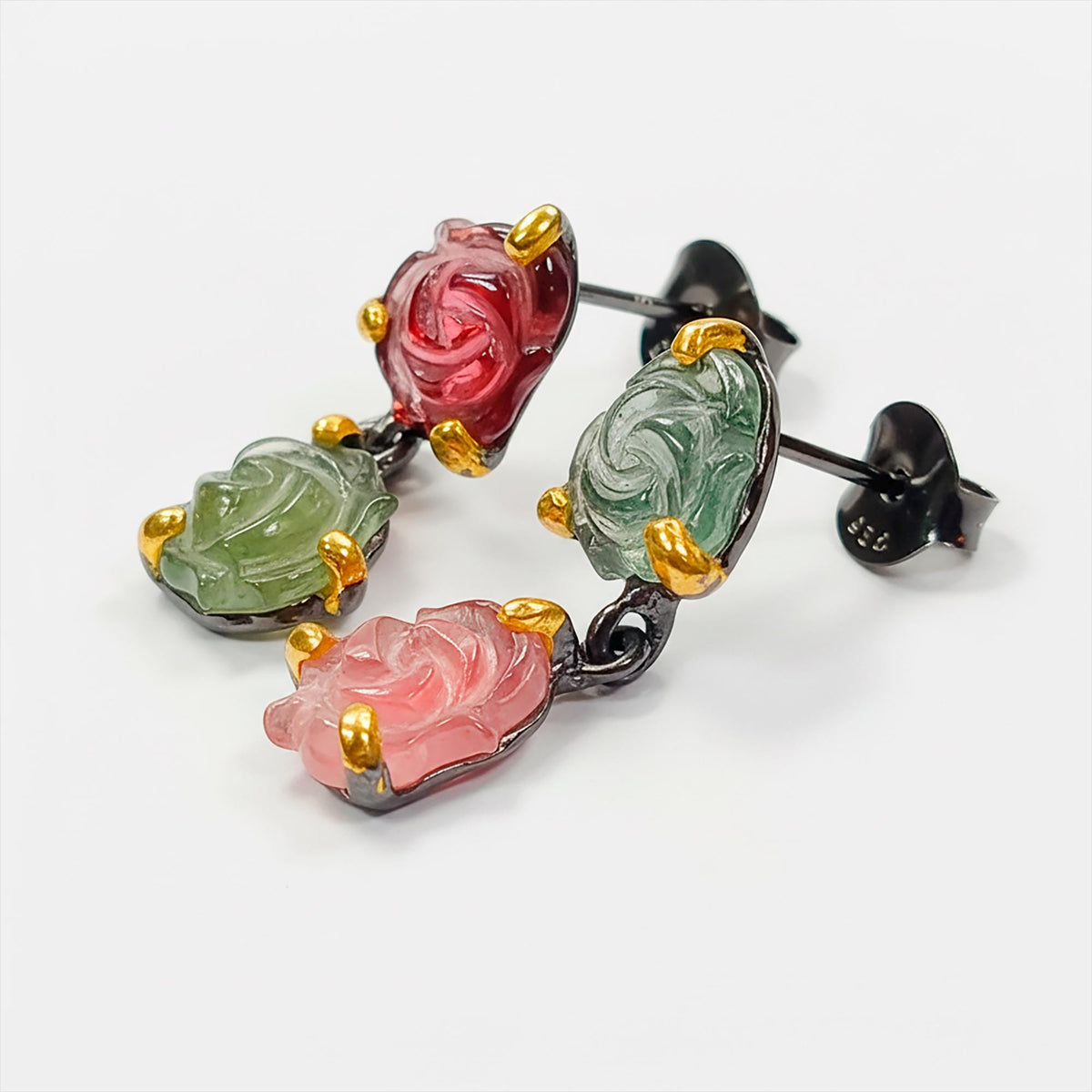 925 Sterling Silver Pink Green Tourmaline Earrings, side angle