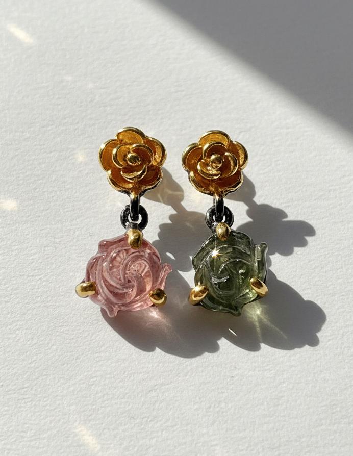 925 Sterling Silver Pink Green Tourmaline Earrings, stone or metal detail