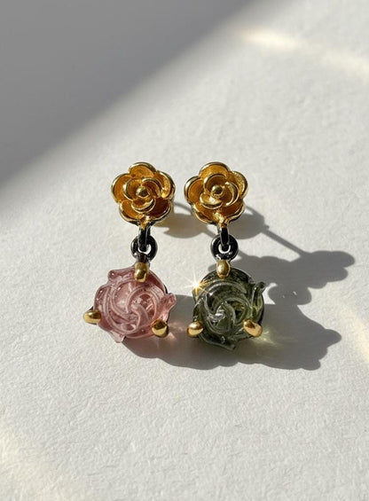 925 Sterling Silver Pink Green Tourmaline Earrings, additional angle