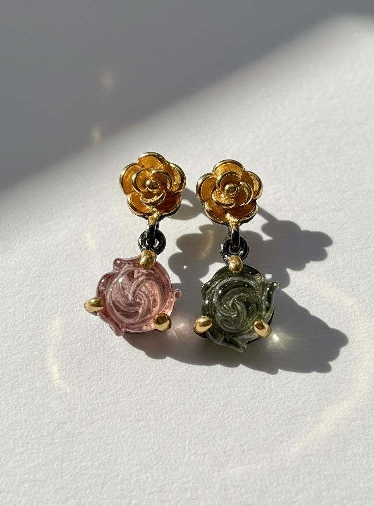 925 Sterling Silver Pink Green Tourmaline Earrings, worn look
