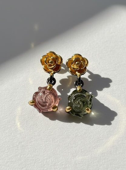 925 Sterling Silver Pink Green Tourmaline Earrings, worn look